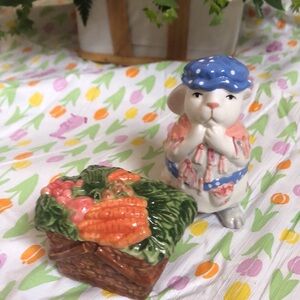 Ceramic bunny and basket salt and pepper shakers with vintage
